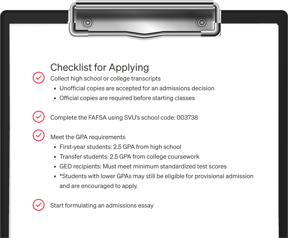 A checklist for SVU college admissions, outlining transcript requirements, FAFSA code for financial aid, GPA criteria for applicants, and instructions to begin writing an admissions essay.